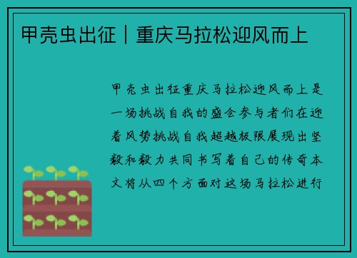 甲壳虫出征｜重庆马拉松迎风而上